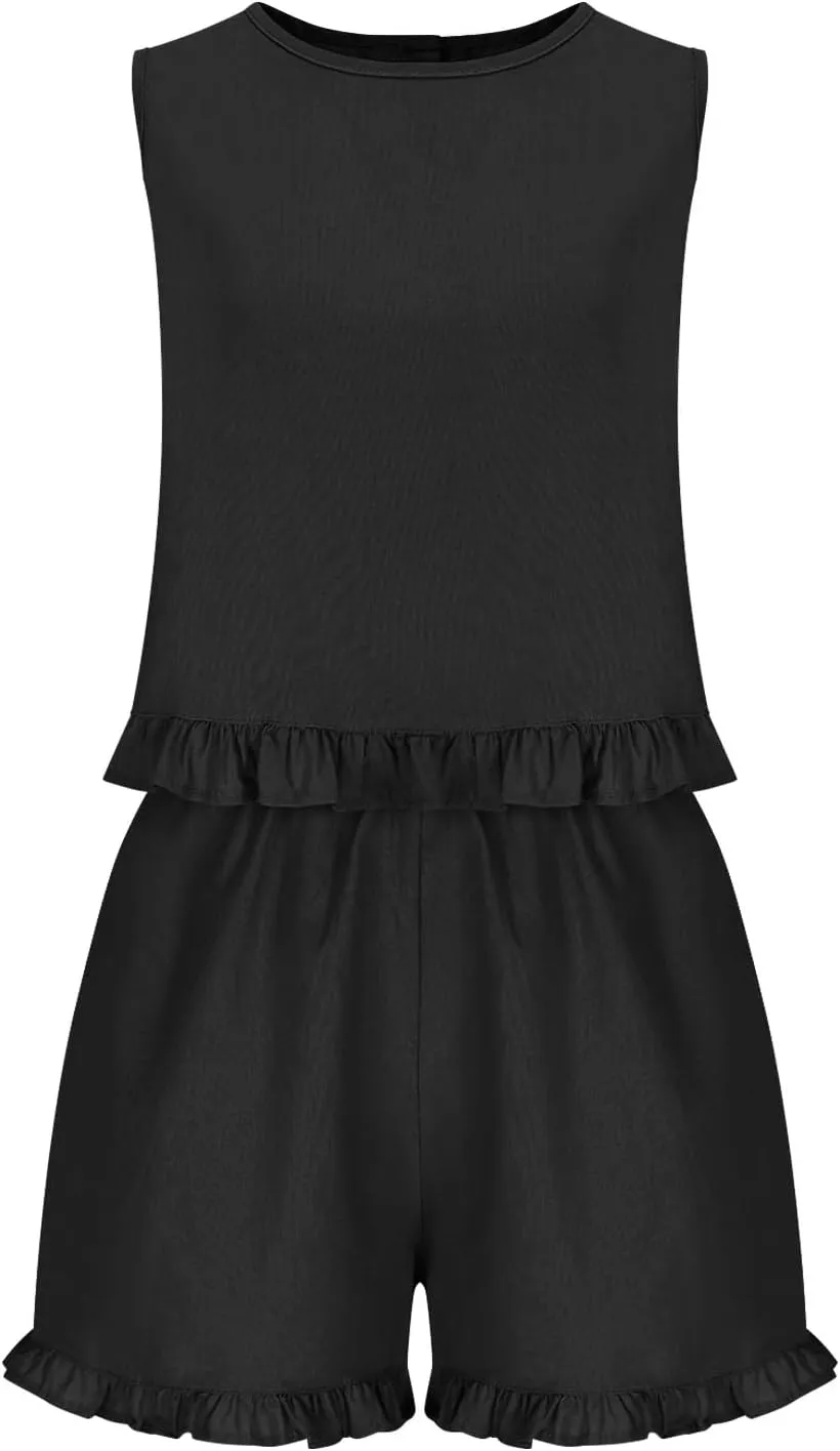 2 Piece Plus Size Short Sets for Women Ruffle Sleeveless Tank Top and Wide Leg Shorts Lounge Set Tracksuits
