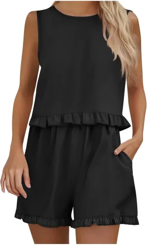2 Piece Plus Size Short Sets for Women Ruffle Sleeveless Tank Top and Wide Leg Shorts Lounge Set Tracksuits