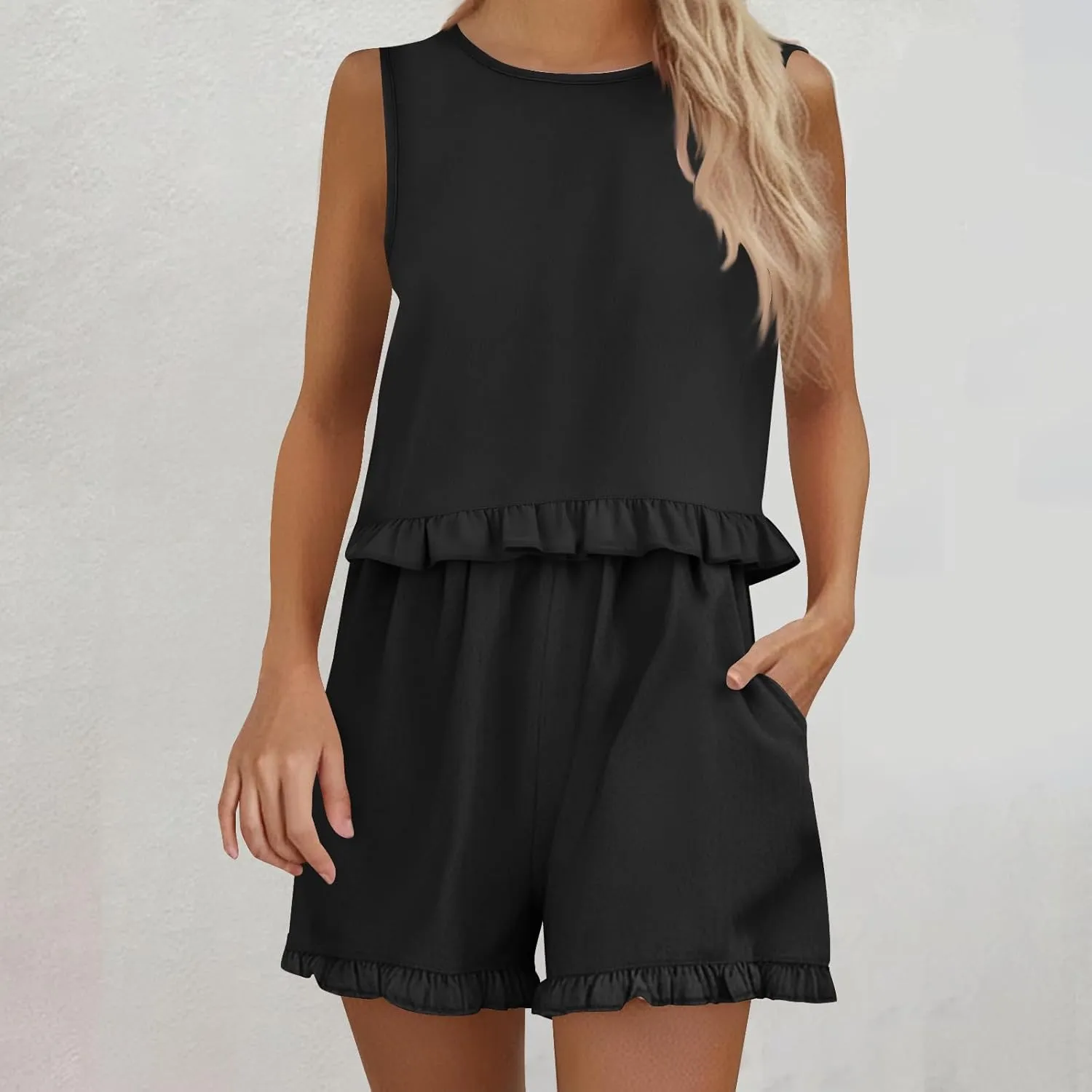 2 Piece Plus Size Short Sets for Women Ruffle Sleeveless Tank Top and Wide Leg Shorts Lounge Set Tracksuits