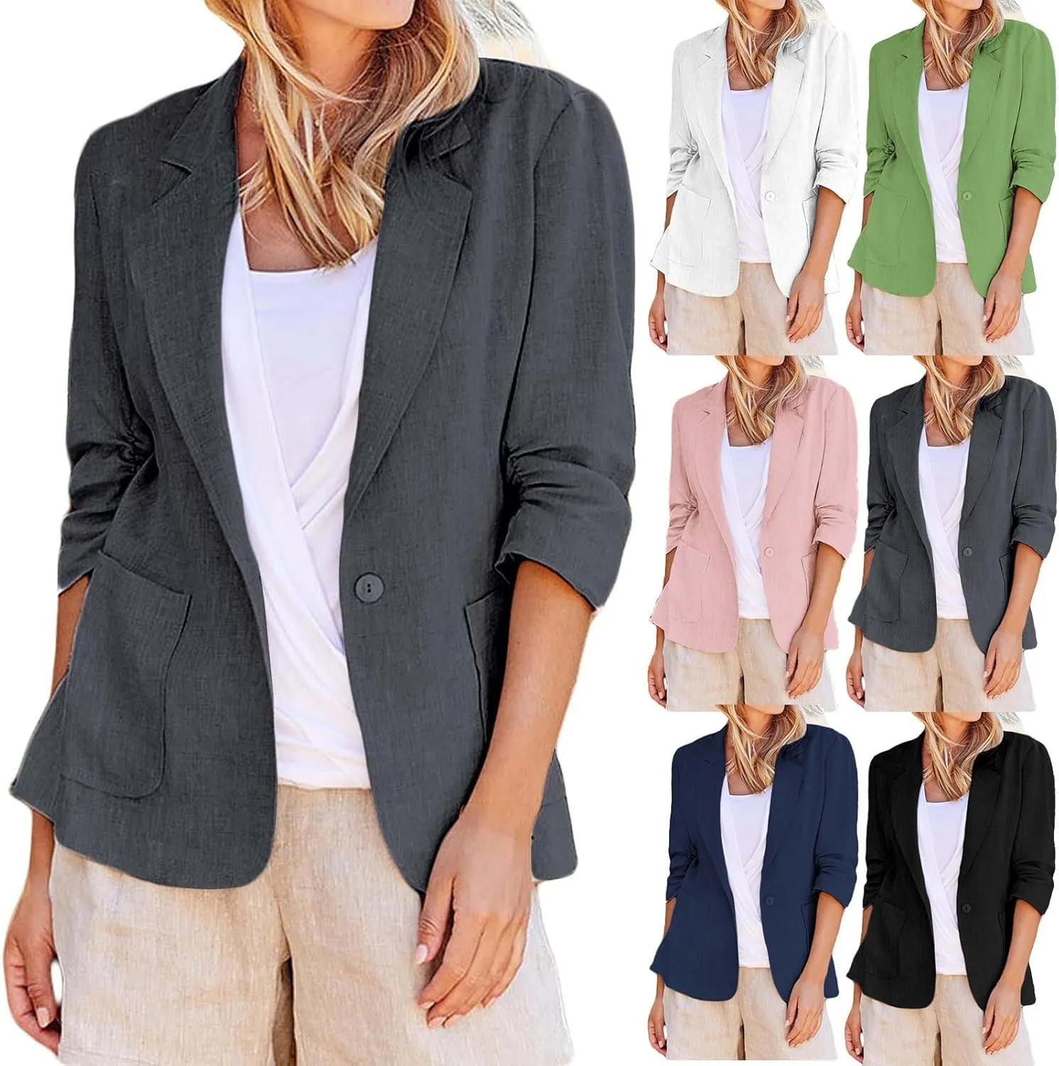 2025 Linen Blazer Women Casual 3/4 Stretchy Ruched Sleeve Blazer Jackets Lightweight Breathable Work Office Jackets