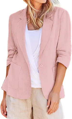 2025 Linen Blazer Women Casual 3/4 Stretchy Ruched Sleeve Blazer Jackets Lightweight Breathable Work Office Jackets