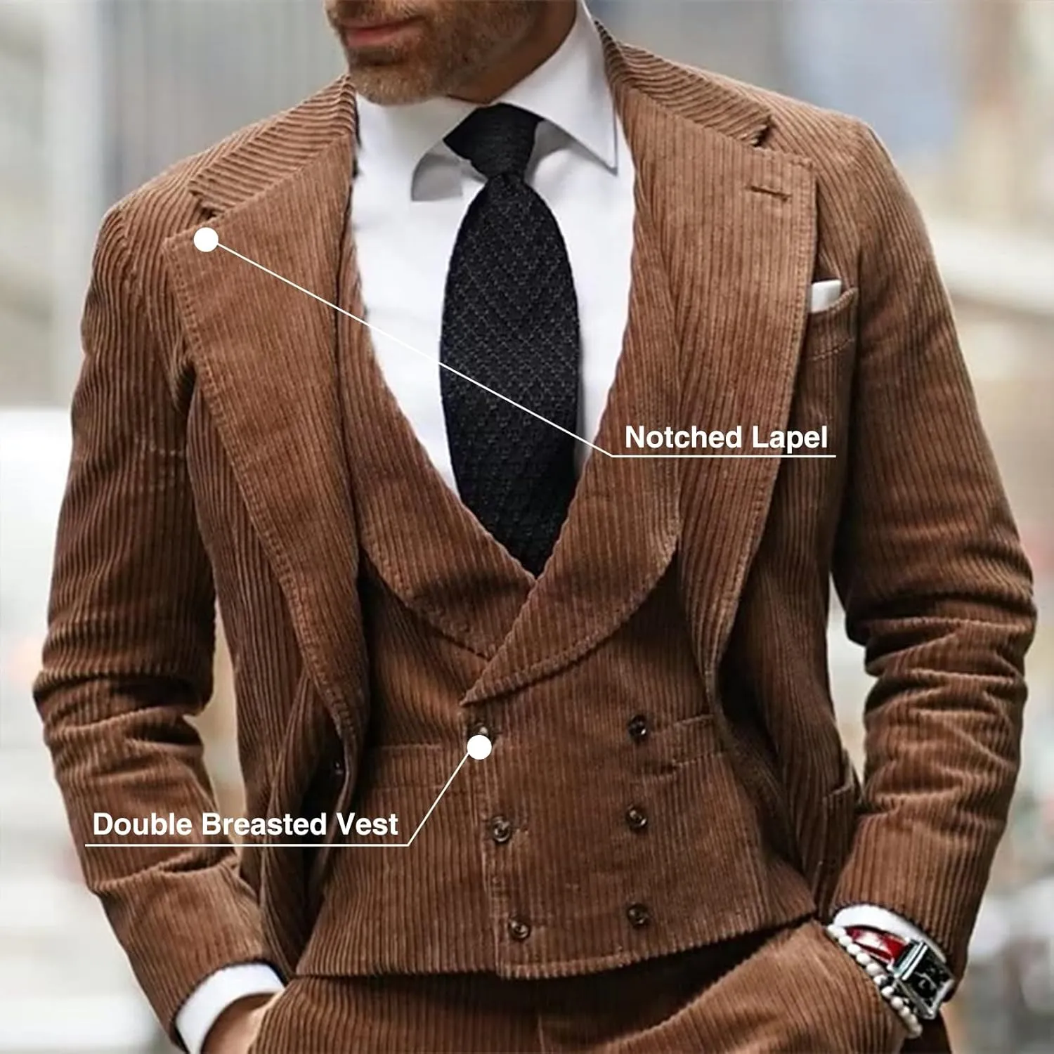 3 Piece Men's Corduroy Suits Slim Fit Suits for Men Double Breasted Blazer Vest Pants Set Wedding Prom Tuxedo Suits