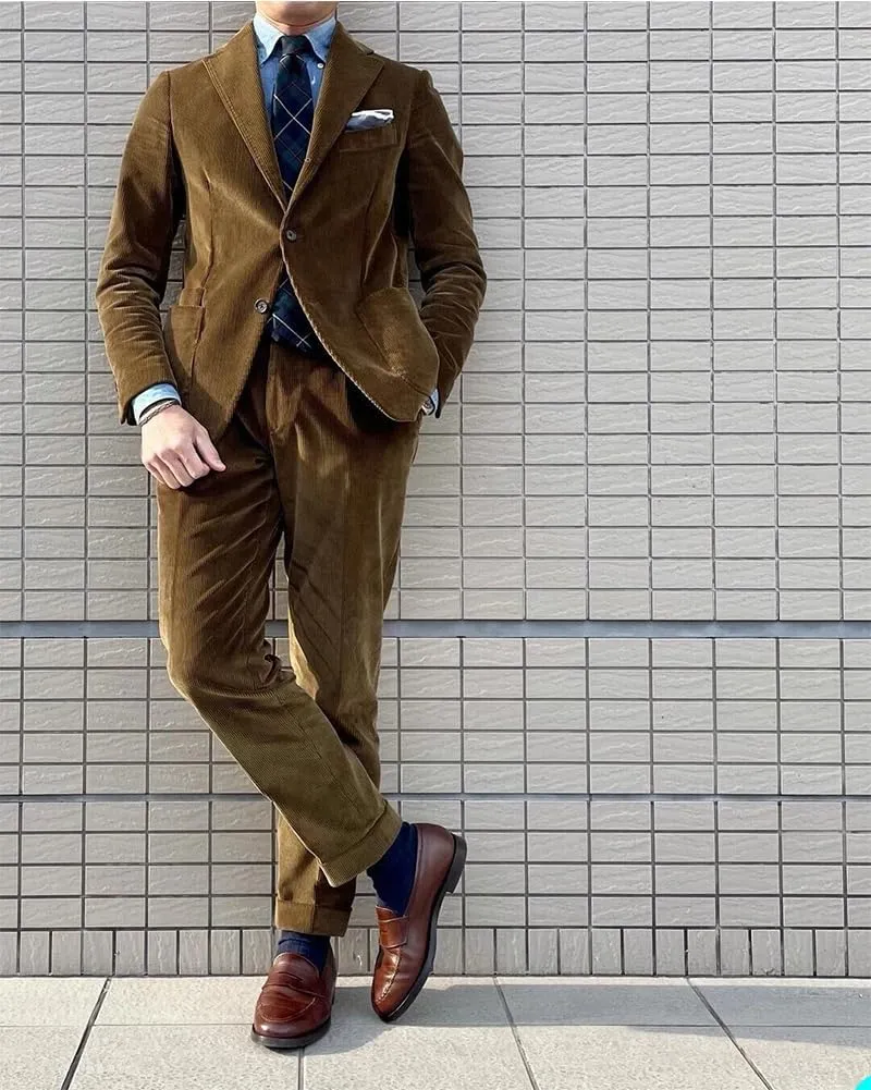 3 Piece Men's Corduroy Suits Slim Fit Suits for Men Double Breasted Blazer Vest Pants Set Wedding Prom Tuxedo Suits