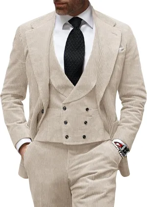 3 Piece Men's Corduroy Suits Slim Fit Suits for Men Double Breasted Blazer Vest Pants Set Wedding Prom Tuxedo Suits
