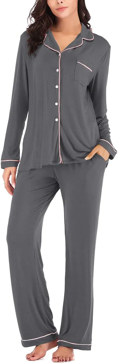 Aamikast Women's Pajama Sets Long Sleeve Button Down Sleepwear Nightwear Soft Pjs Lounge Sets