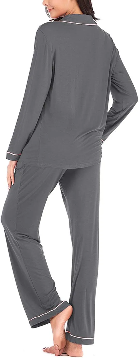 Aamikast Women's Pajama Sets Long Sleeve Button Down Sleepwear Nightwear Soft Pjs Lounge Sets