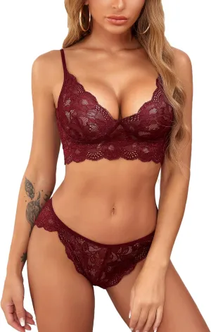 ADOME Women's Lace Lingerie Bra and Panty Set Strappy Babydoll Bodysuit S-XXL
