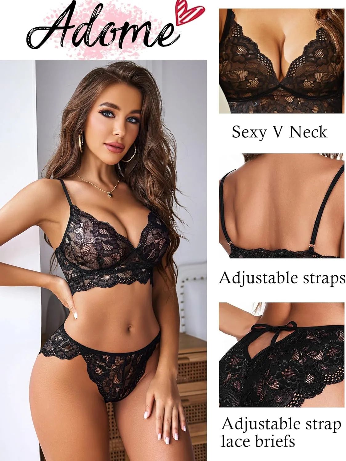 ADOME Women's Lace Lingerie Bra and Panty Set Strappy Babydoll Bodysuit S-XXL