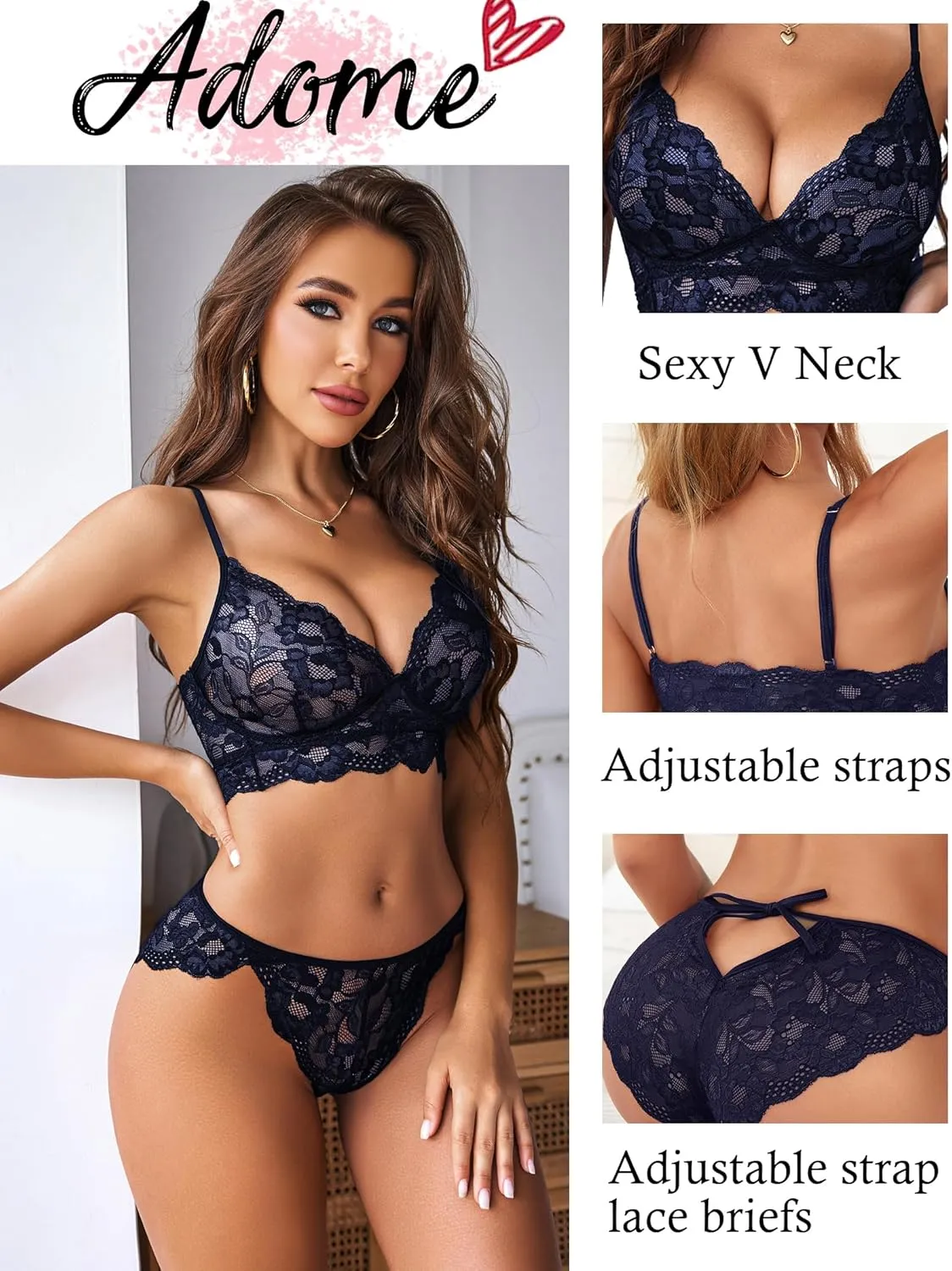 ADOME Women's Lace Lingerie Bra and Panty Set Strappy Babydoll Bodysuit S-XXL