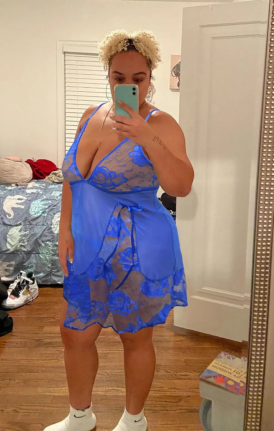 ADOREJOY Women's Lingerie Lace Babydoll Plus Size Sleepwear Nightwear Mesh Chemise
