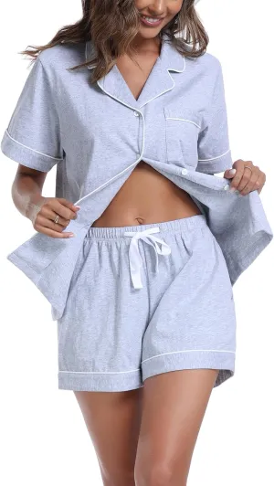 ANLIQI Womens Cotton Pajama Sets Short Summer Pjs Sets Soft Button Down Sleepwear Short Sleeve Shirt&Pants Sleepwear