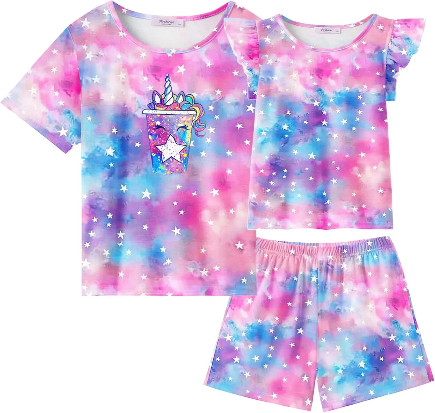 Arshiner Girls Pajamas Set Short Sleeve Pjs Sleepwear 3PCS Summer Lounge Sets Nightwear