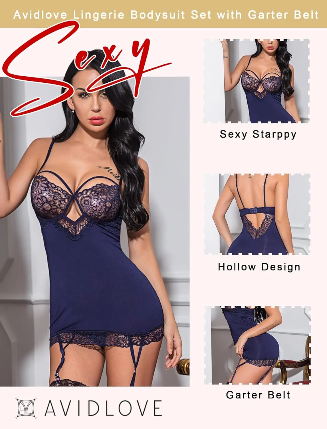 Avidlove Lingerie for Women Teddy Bodysuit with Garter Belt Lace Babydoll Full Slips No Stockings