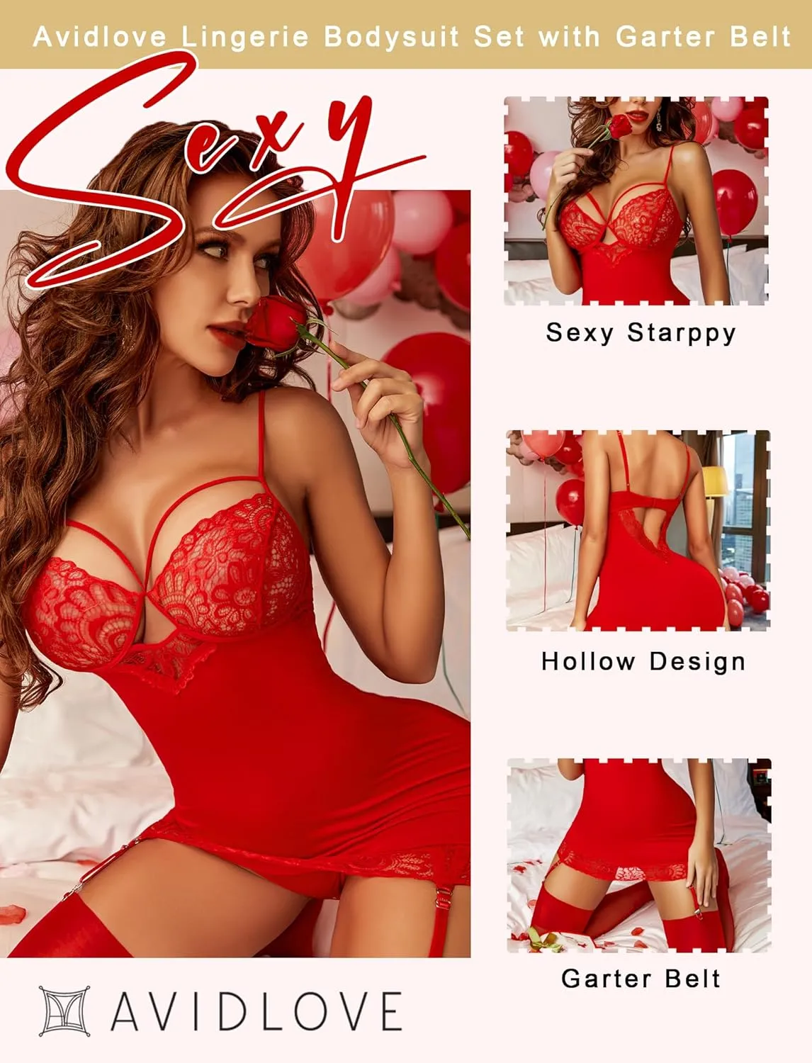 Avidlove Lingerie for Women Teddy Bodysuit with Garter Belt Lace Babydoll Full Slips No Stockings