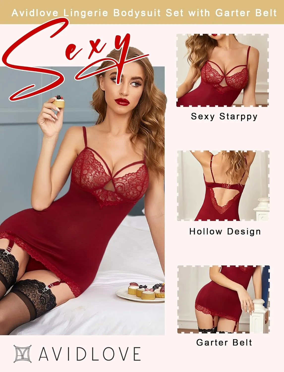 Avidlove Lingerie for Women Teddy Bodysuit with Garter Belt Lace Babydoll Full Slips No Stockings