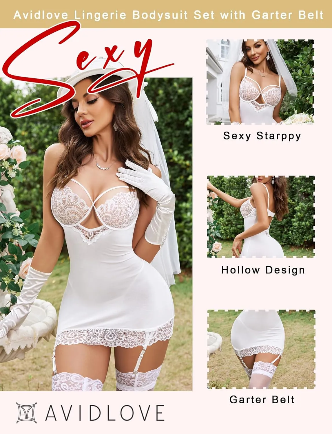 Avidlove Lingerie for Women Teddy Bodysuit with Garter Belt Lace Babydoll Full Slips No Stockings