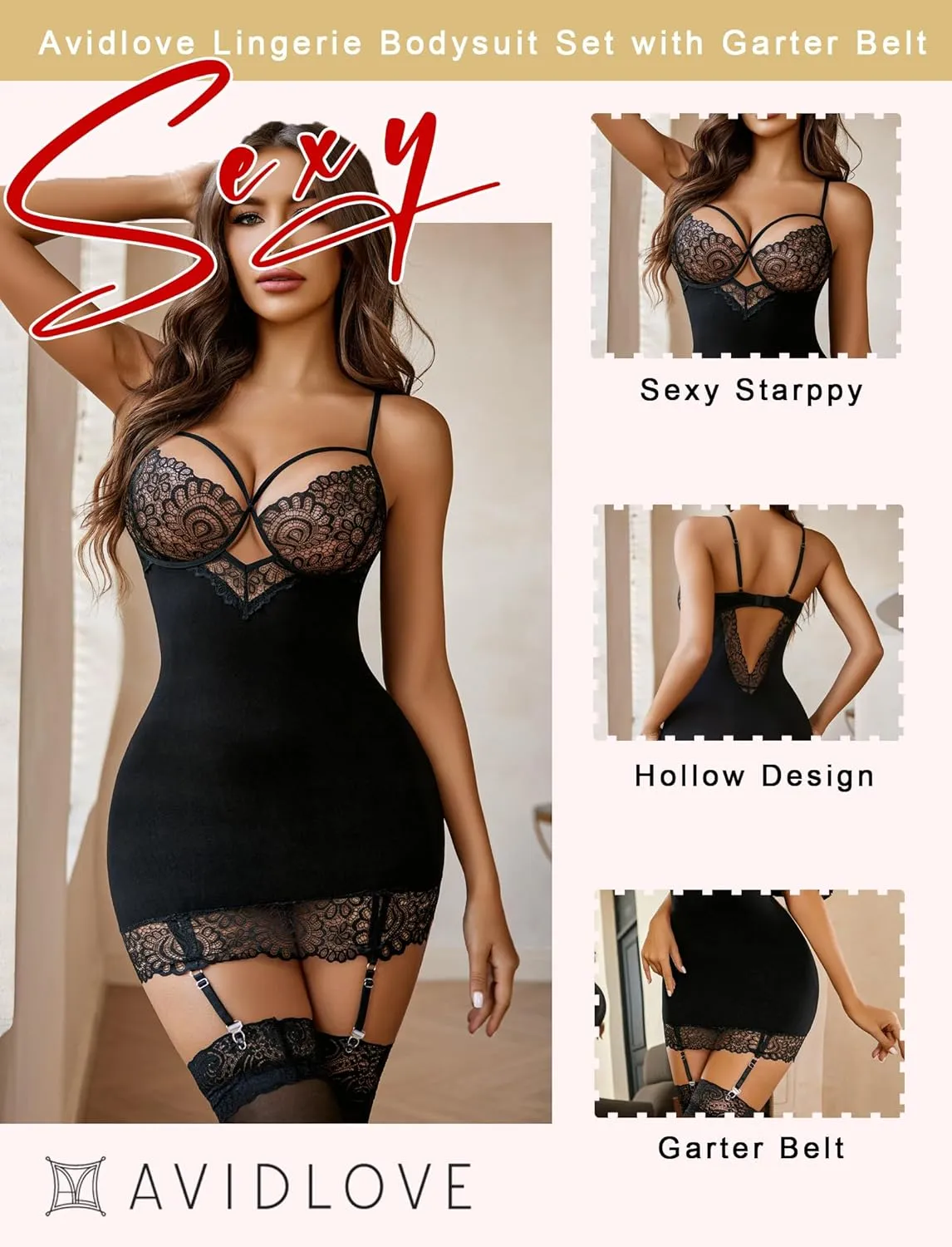 Avidlove Lingerie for Women Teddy Bodysuit with Garter Belt Lace Babydoll Full Slips No Stockings