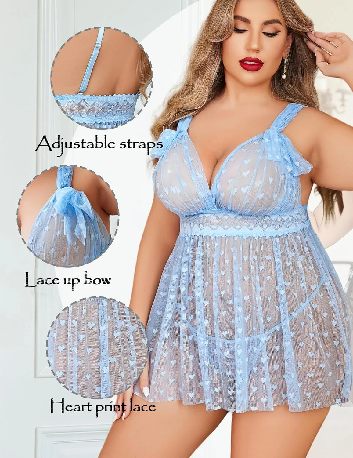 Avidlove Plus Size Lingeire for women Lace Babydoll Mesh Chemise Sexy Nightwear Sheer Nightie with Lace Up Bows L-4XL
