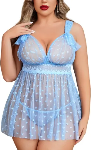 Avidlove Plus Size Lingeire for women Lace Babydoll Mesh Chemise Sexy Nightwear Sheer Nightie with Lace Up Bows L-4XL