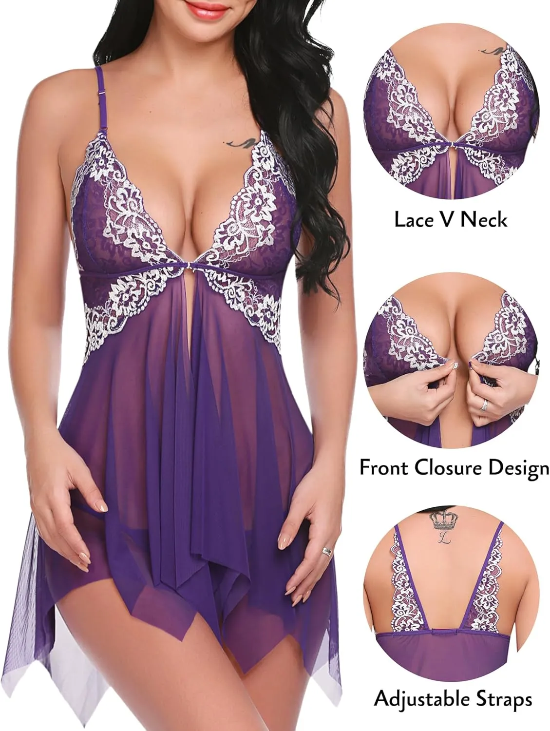 Avidlove Women Lace Lingerie Front Closure Babydoll V Neck Nightwear Sexy Chemise Nightie