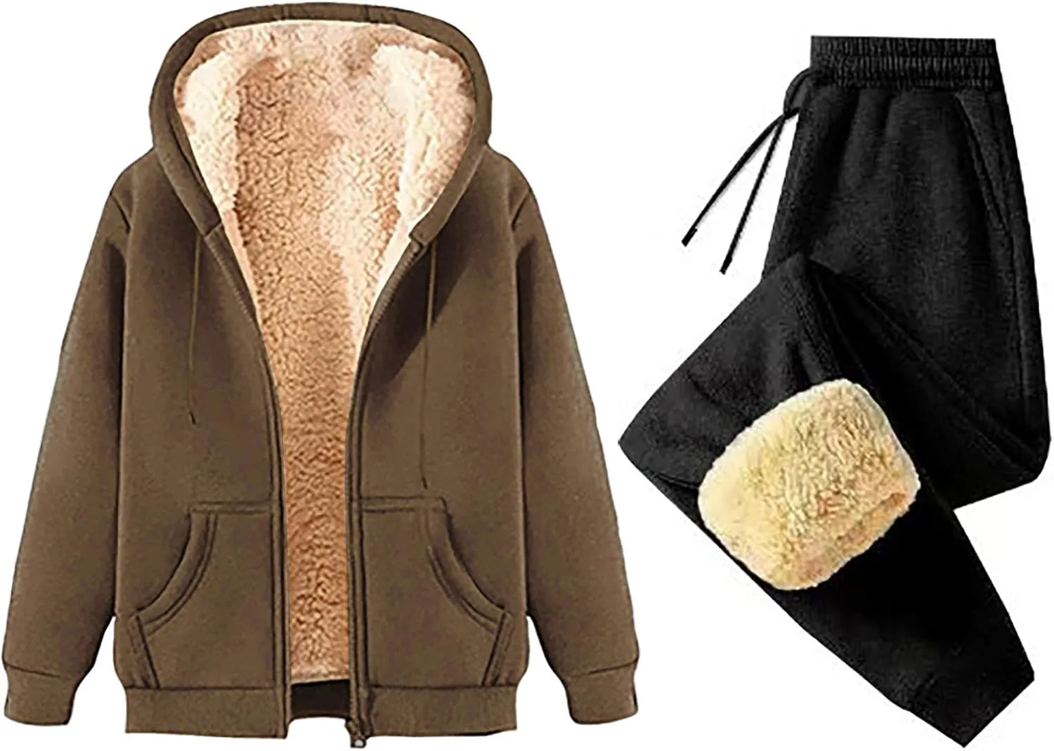 Binmer Mens 2 Piece Sweatsuit Set Sherpa Lined Fleece Jogger Outfit Hoodie & Sweatpants Set Warm Winter Tracksuit Unisex