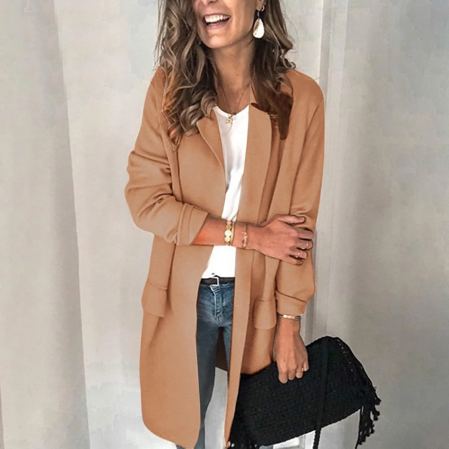 Blazer for Women Lapel Long Sleeve Mid-Length Style Work Jacket Elegant Temperament Solid Color Fashion Suit Jackets