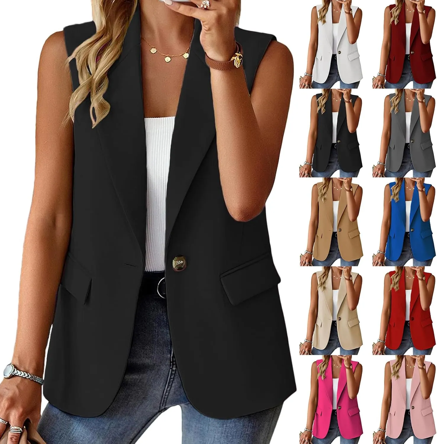 Blazers for Women Business Casual Summer Sleeveless Vest Tops Work Office Blazer Jacket Lightweight Fashion Pockets