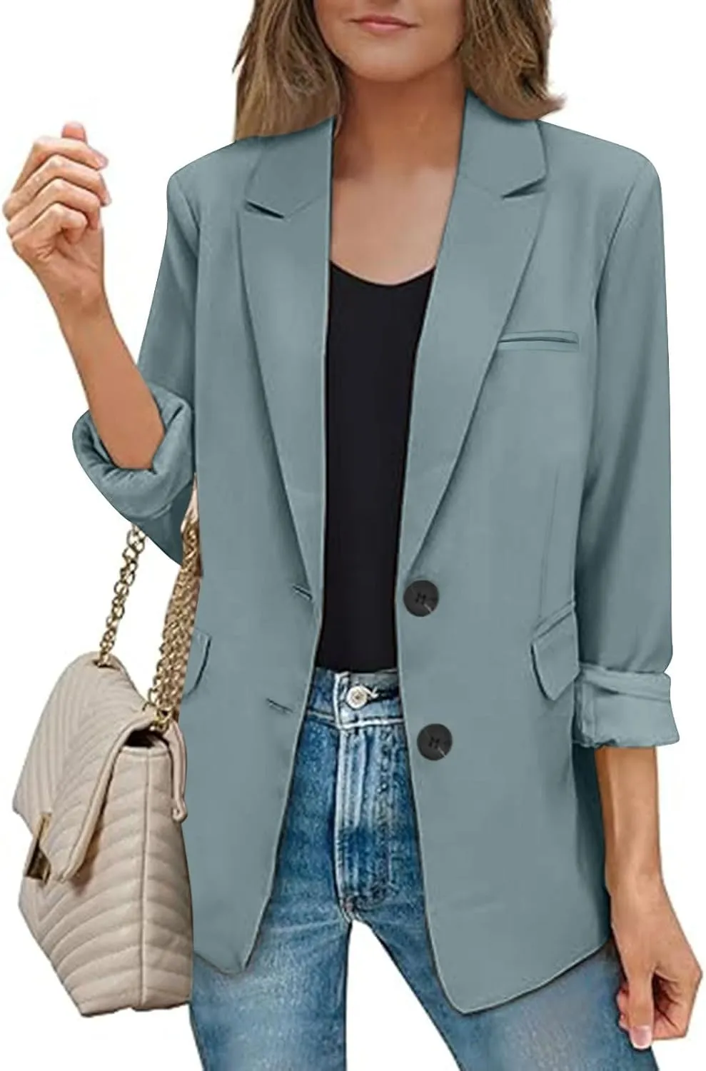 Blazers for Women Casual Open Front Long Sleeve Work Office Blazer Jacket Fashion Button Lapel Blazer with Pockets