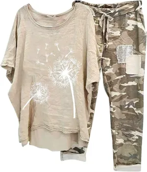 BOXIACEY Two Piece Sets for Women Linen Plus Size Vacation Outfits Camouflage Pants Sets Summer Outfits Lounge Sets