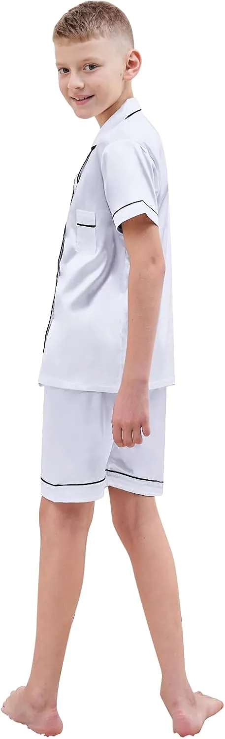 Boys & Mens Silk Pajamas Button Down Sleepwear Satin Nightwear 2 Pcs Pj Set