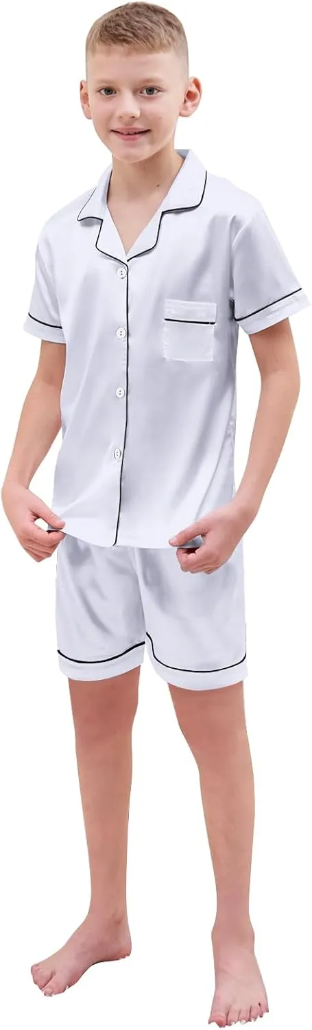 Boys & Mens Silk Pajamas Button Down Sleepwear Satin Nightwear 2 Pcs Pj Set
