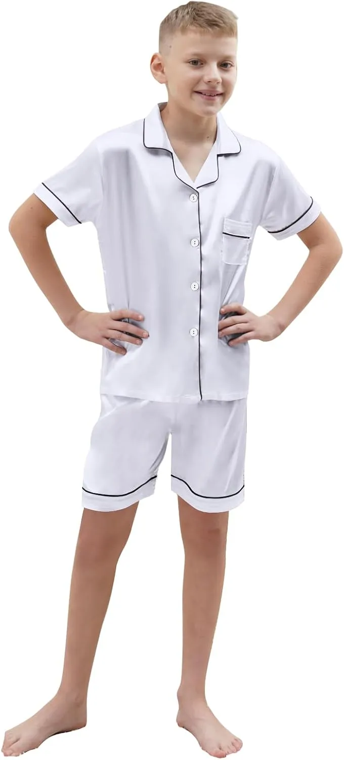 Boys & Mens Silk Pajamas Button Down Sleepwear Satin Nightwear 2 Pcs Pj Set
