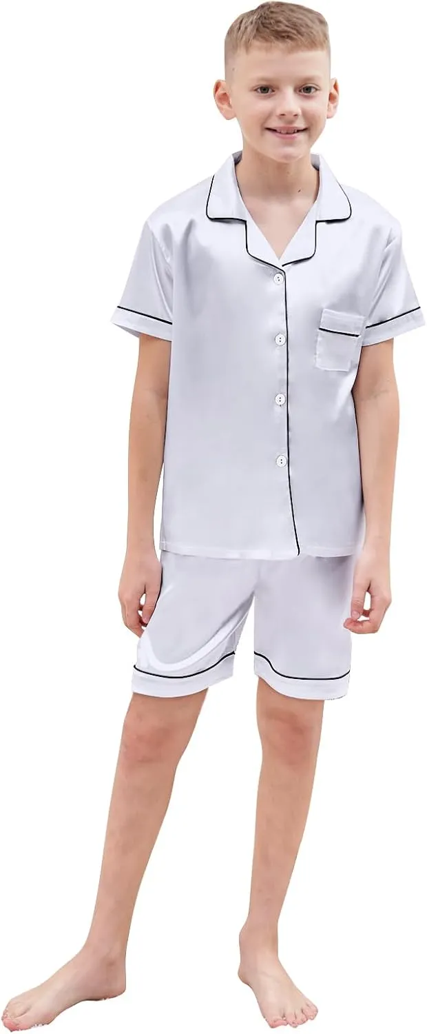 Boys & Mens Silk Pajamas Button Down Sleepwear Satin Nightwear 2 Pcs Pj Set
