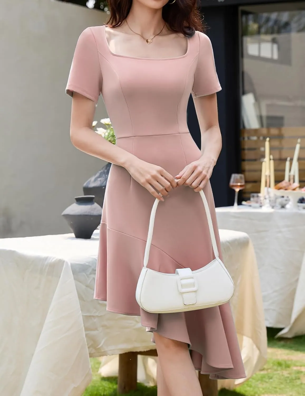 Bridesmay Women's Cocktail Party Dresses with Sleeves Square Neck Ruffle Hem Graduation Prom Dress 2025