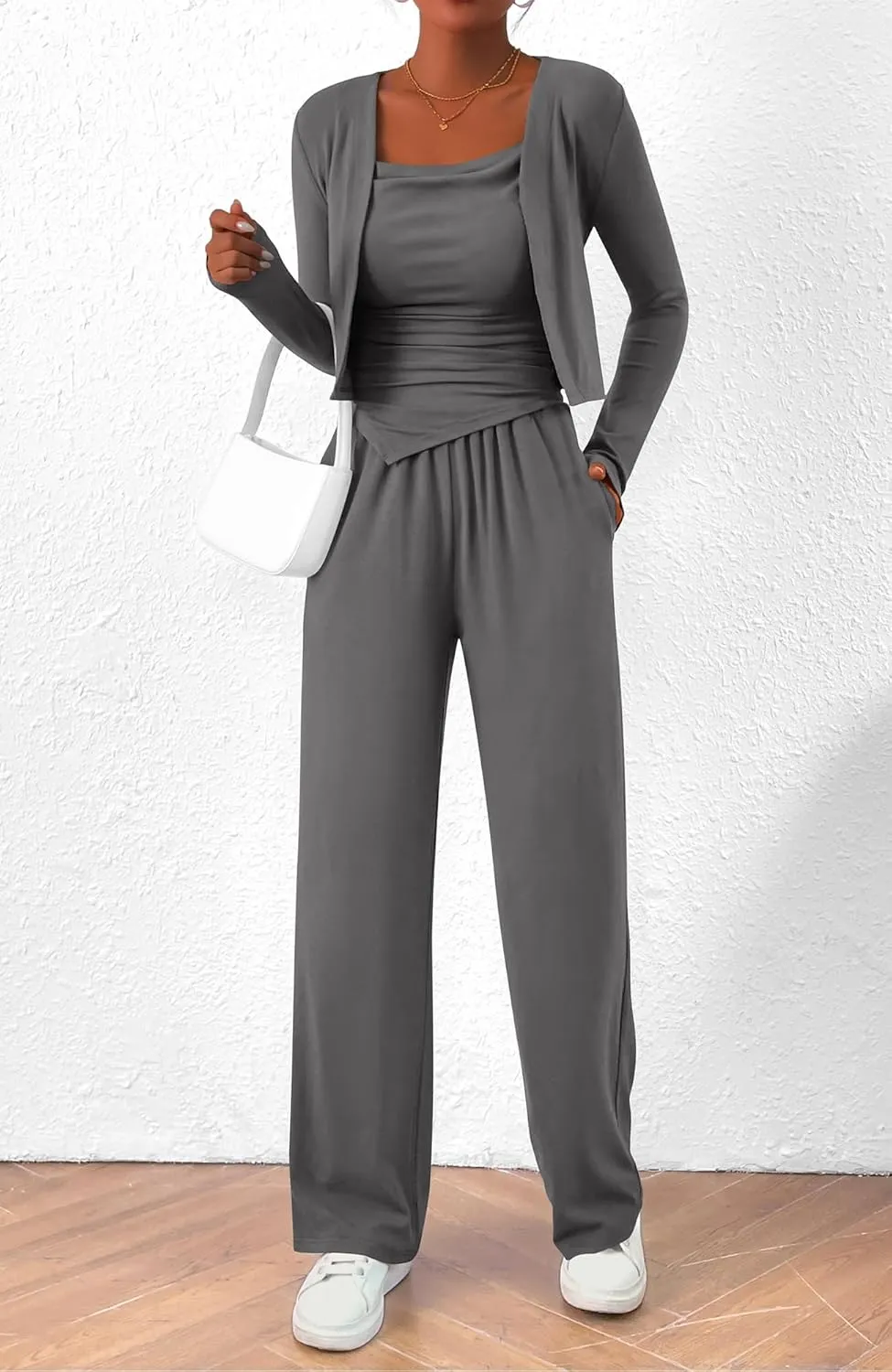 BTFBM Women's Fall Lounge Sets 3 Piece Outfit Tracksuits Casual Long Sleeve Tops High Waisted Sweatpants Set