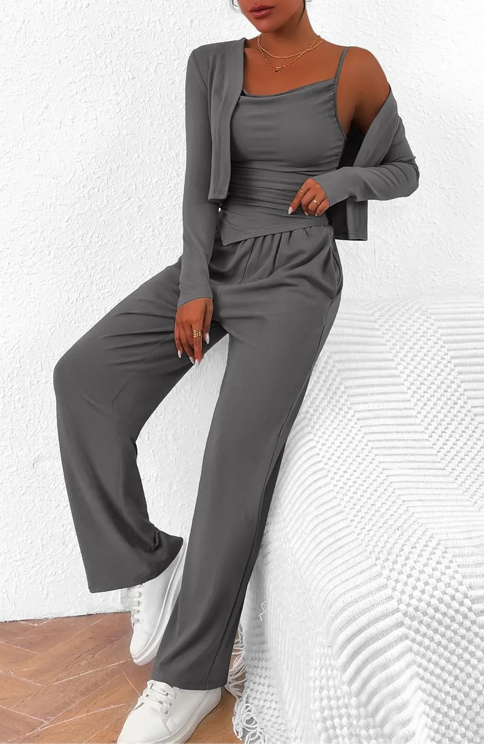 BTFBM Women's Fall Lounge Sets 3 Piece Outfit Tracksuits Casual Long Sleeve Tops High Waisted Sweatpants Set