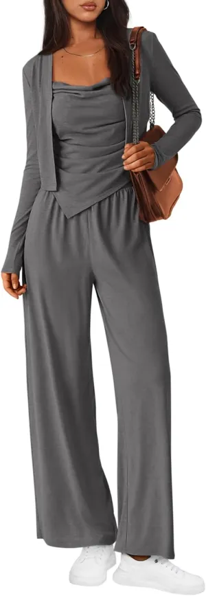 BTFBM Women's Fall Lounge Sets 3 Piece Outfit Tracksuits Casual Long Sleeve Tops High Waisted Sweatpants Set