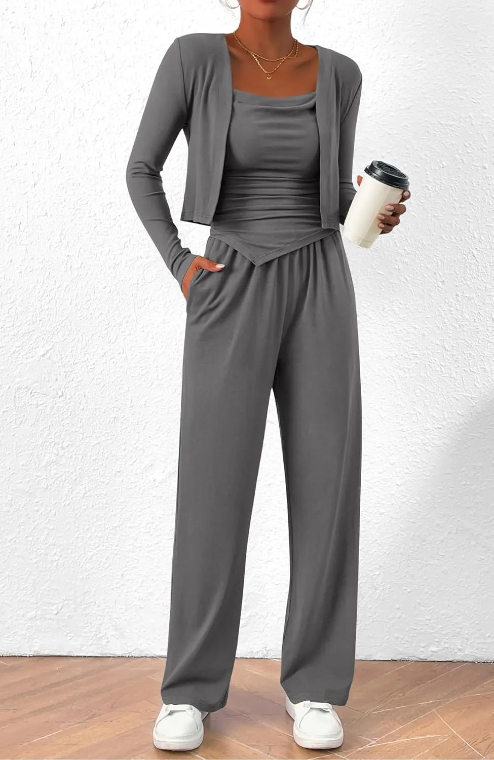 BTFBM Women's Fall Lounge Sets 3 Piece Outfit Tracksuits Casual Long Sleeve Tops High Waisted Sweatpants Set