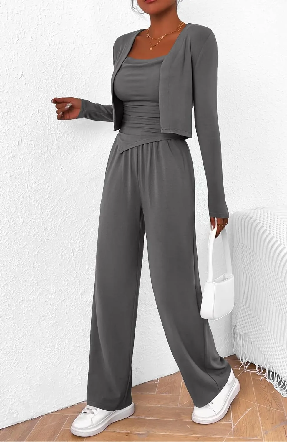 BTFBM Women's Fall Lounge Sets 3 Piece Outfit Tracksuits Casual Long Sleeve Tops High Waisted Sweatpants Set