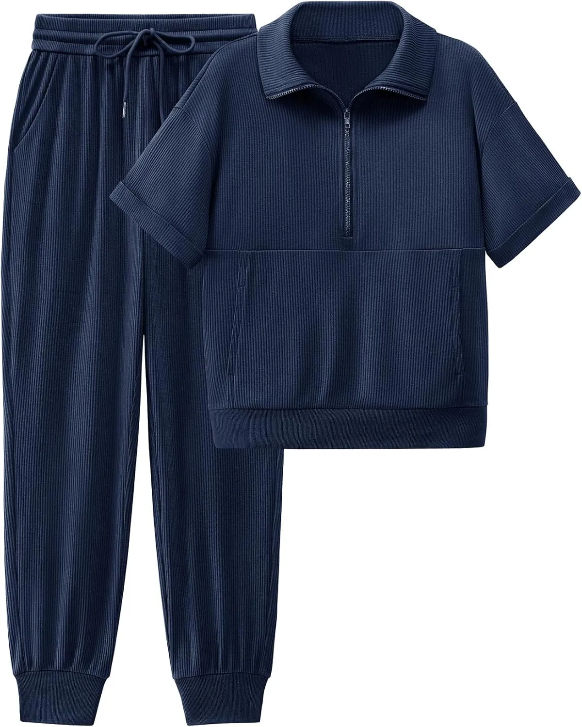 BTFBM Women's Summer 2 Piece Outfits Short Sleeve Half Zip Sweatshirt Jogger Sweatpants Sets Lounge Sweatsuits Tracksuit