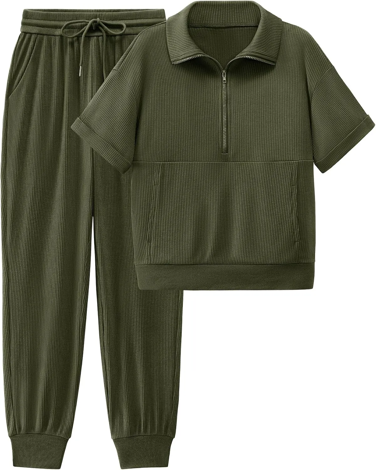 BTFBM Women's Summer 2 Piece Outfits Short Sleeve Half Zip Sweatshirt Jogger Sweatpants Sets Lounge Sweatsuits Tracksuit