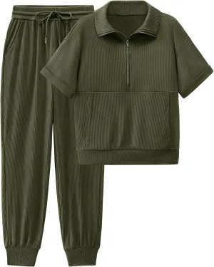 BTFBM Women's Summer 2 Piece Outfits Short Sleeve Half Zip Sweatshirt Jogger Sweatpants Sets Lounge Sweatsuits Tracksuit