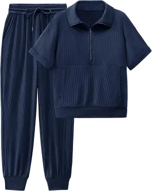 BTFBM Women's Summer 2 Piece Outfits Short Sleeve Half Zip Sweatshirt Jogger Sweatpants Sets Lounge Sweatsuits Tracksuit