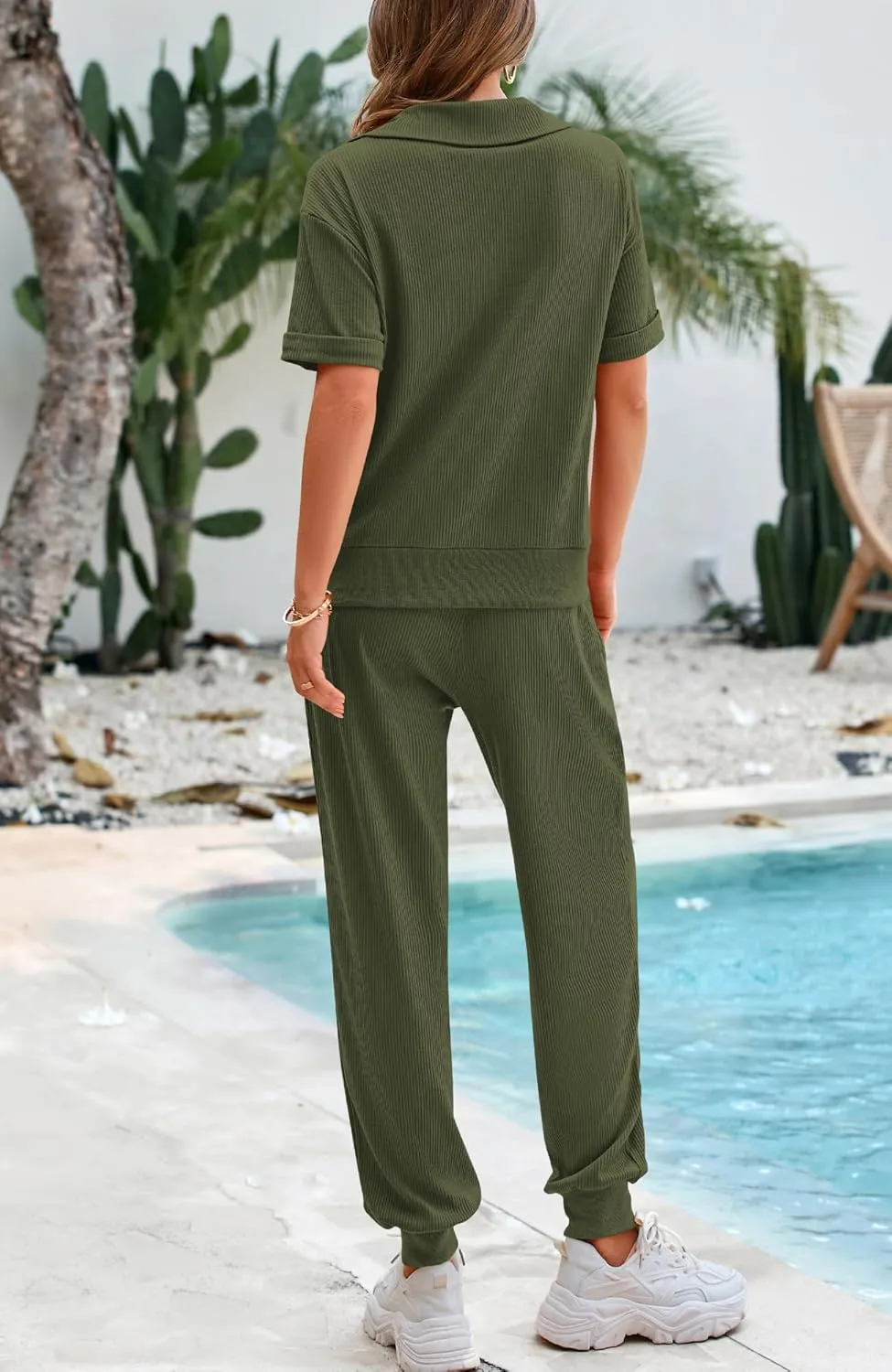 BTFBM Women's Summer 2 Piece Outfits Short Sleeve Half Zip Sweatshirt Jogger Sweatpants Sets Lounge Sweatsuits Tracksuit