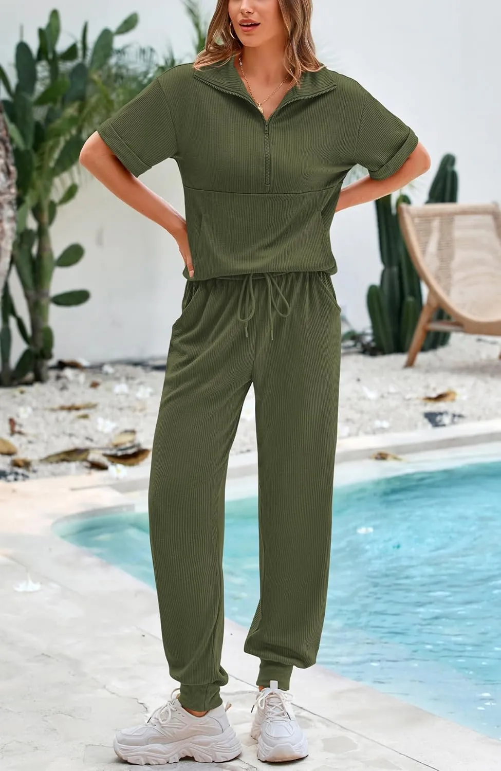 BTFBM Women's Summer 2 Piece Outfits Short Sleeve Half Zip Sweatshirt Jogger Sweatpants Sets Lounge Sweatsuits Tracksuit