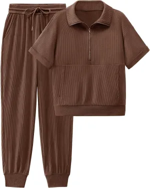 BTFBM Women's Summer 2 Piece Outfits Short Sleeve Half Zip Sweatshirt Jogger Sweatpants Sets Lounge Sweatsuits Tracksuit