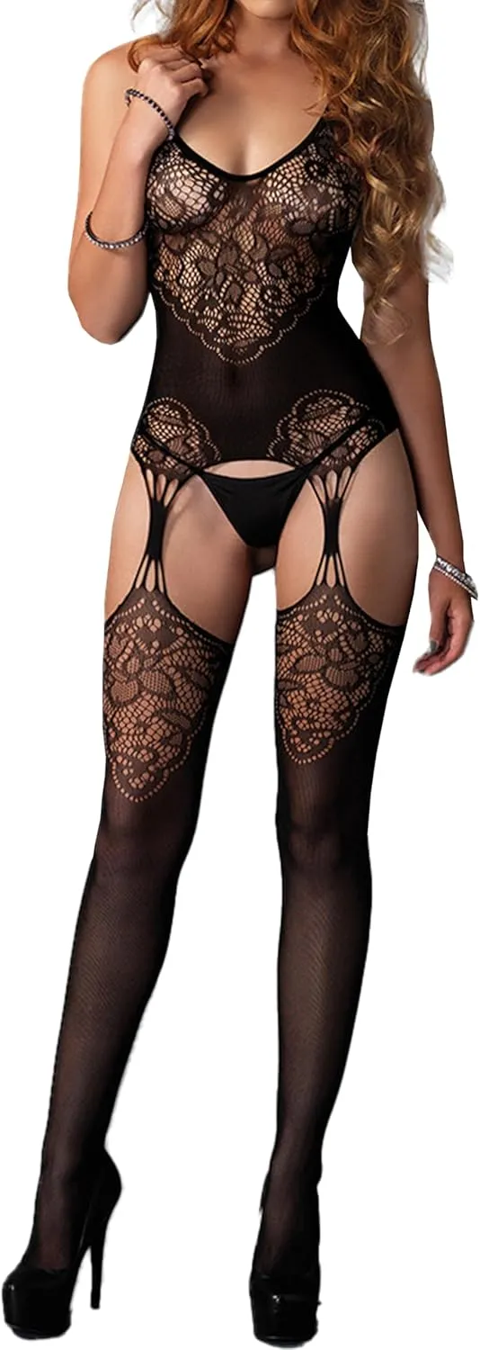 Buitifo Womens Fishnet Bodystocking Plus Size Crotchless Bodysuit Sexy Tights Soft Nightwear Lingerie