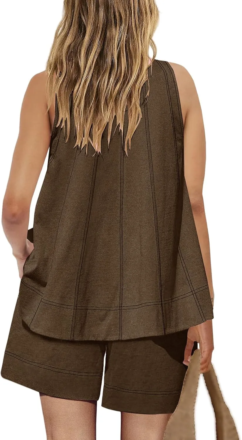 Canbebig Linen Short Sets for Women Summer 2 Piece Outfits Matching Sleeveless Tank Top High Waisted Shorts Tracksuit Sets