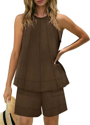 Canbebig Linen Short Sets for Women Summer 2 Piece Outfits Matching Sleeveless Tank Top High Waisted Shorts Tracksuit Sets