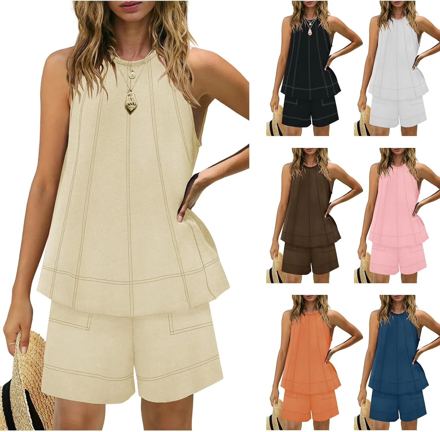 Canbebig Linen Short Sets for Women Summer 2 Piece Outfits Matching Sleeveless Tank Top High Waisted Shorts Tracksuit Sets
